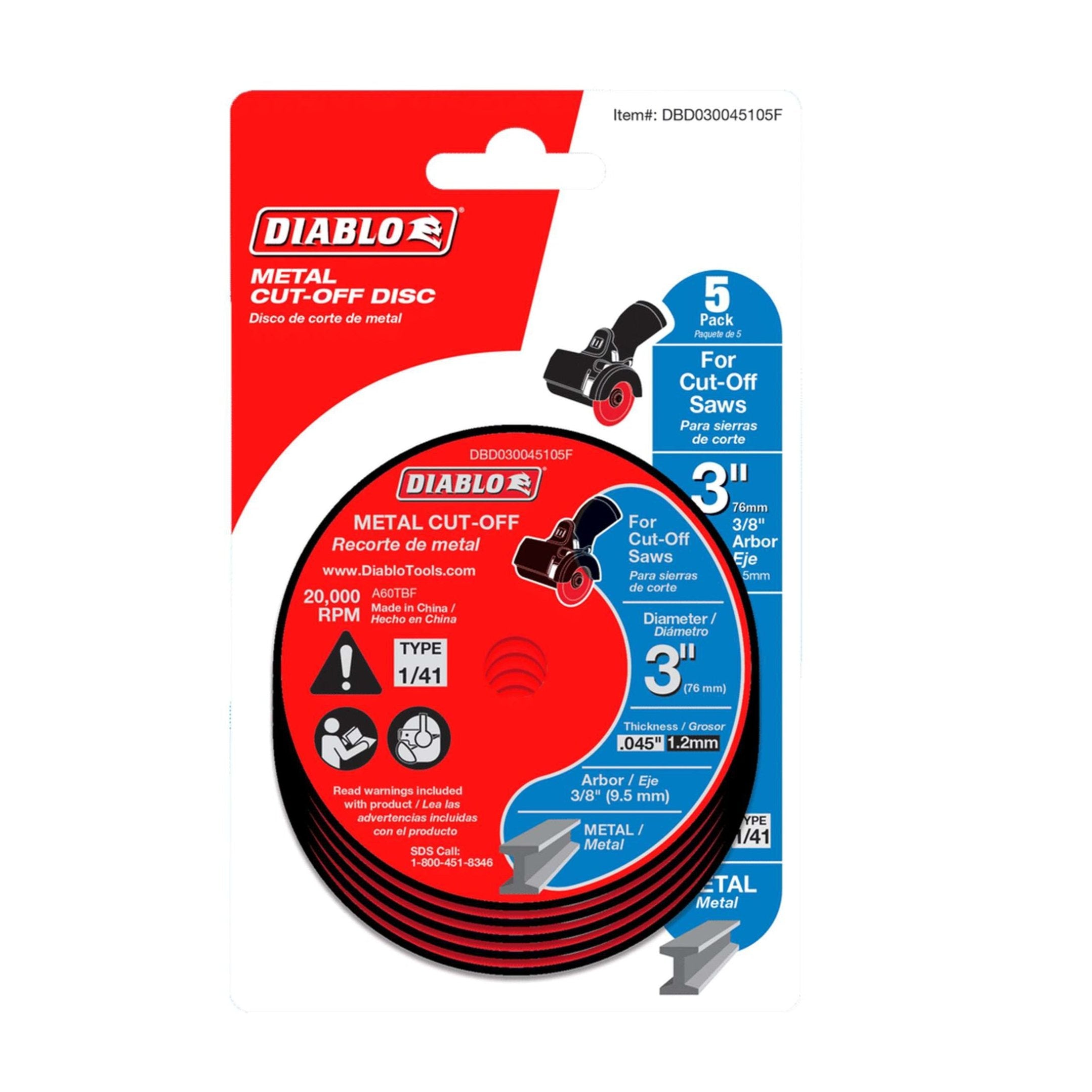 The DIABLO DBD030045105F pack includes 5 metal cut-off discs, crafted with premium aluminum oxide and a thin kerf design. Each disc measures 3 inches in diameter with a 3/8 inch arbor, optimized for saws up to 20,000 RPM and compatible images provided.